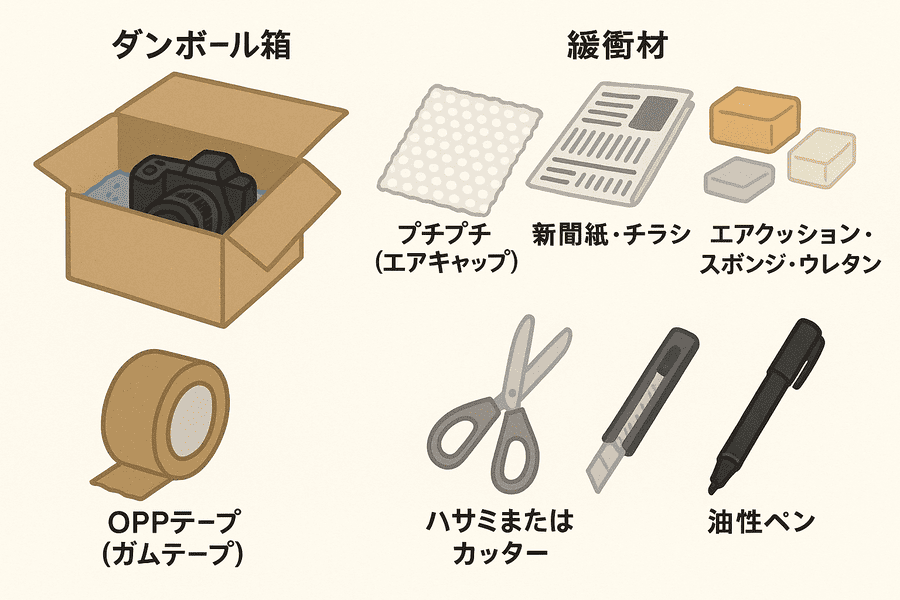 必要な物リスト、緩衝材、テープ、ハサミのイラスト